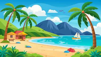 Obraz premium Vector art of idyllic tropical beach landscape with palm trees, mountains, and a sailboat on the sea, perfect for a summer vacation getaway