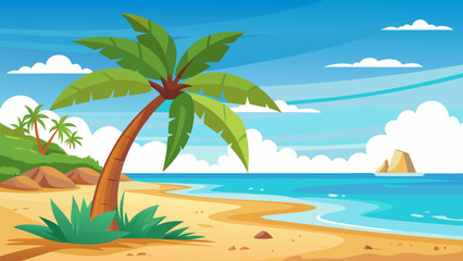 Obraz premium Vector art of a serene tropical beach with a palm tree, turquoise sea, and blue sky, perfect for a relaxing summer vacation and idyllic getaway