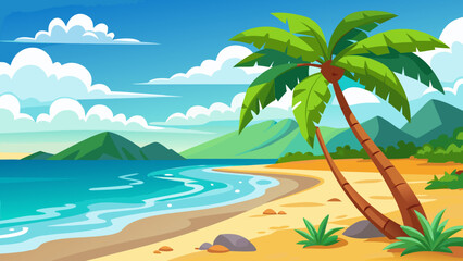 Obraz premium Vector art of a picturesque tropical beach with a leaning palm tree, turquoise sea, and distant mountains under a partly cloudy sky, ideal for vacation
