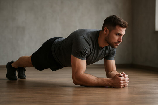 Man holding plank position on wooden floor – core strength exercise - Powered by Adobe