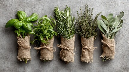 Fresh herbs basil, parsley, rosemary, thyme, sage tied in burlap on grey