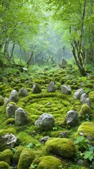 Fototapeta premium Enchanted Forest Clearing with Ancient Stone Circle and Mossy Rocks - Mystical Adventure Scene in Nature