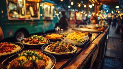 Obraz premium Variety of delicious street food dishes served at a bustling night market