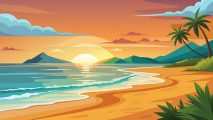 Vector art of a tropical beach at sunset with palm trees, mountains, and colorful clouds, creating a peaceful and relaxing vacation scene with warm sunlight