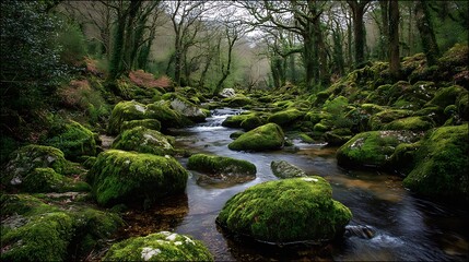 forest stream with banks of lush moss covered stones
