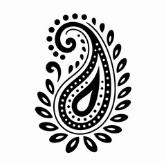 Intricate black paisley motif silhouette isolated on white background