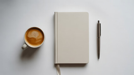 Start your day with purpose: a minimalist overhead view of a coffee cup, notebook, and pen, ready for new ideas and a productive day.