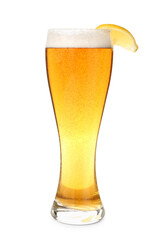 Glass of fresh light beer with lemon piece on white background