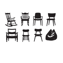 Vector art of assortment of seven black silhouette chairs and a beanbag
