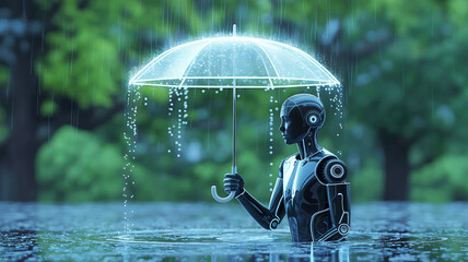 Futuristic robot stands in reflective waters under a glowing umbrella, embracing technology and nature's harmony in a serene rain scene
