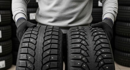 A person wearing black gloves holds two winter tires with metal studs for improved traction on icy roads