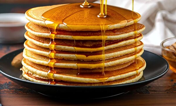 Pancakes stacked with syrup on a dark plate