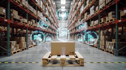 Smart warehouse with holographic digital interface, logistics automation technology. Supply chain management system featuring iot connectivity, data analytics, inventory tracking. Modern distribution - Powered by Adobe