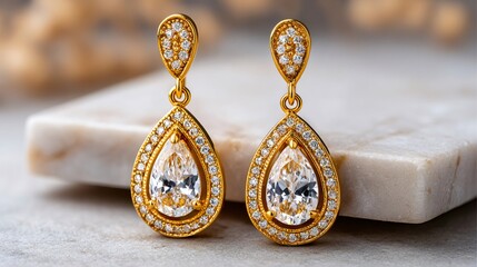 Pair of gold earrings with pear shaped diamonds resting on marble