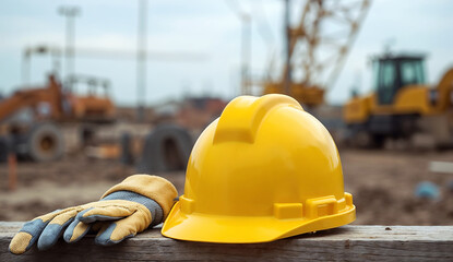Yellow hard hat and protective gloves on wooden planks at a construction site with a crane and excavator in the background