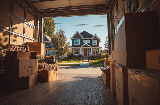 Cardboard boxes and furniture in moving truck outside new home