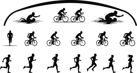 Black silhouette triathlon sequence, swimming cycling running motion stages, athlete sport training illustration, fitness endurance competition vector, professional athletic activity design