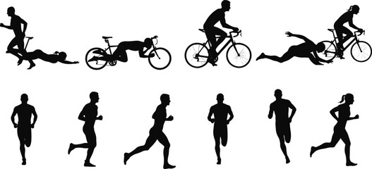 Black silhouette running and cycling sequence, athlete sport motion stages, fitness training illustration, endurance exercise competition vector, dynamic athletic activity design