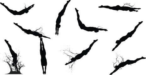 Diver silhouettes in various dive stages, jumping, midair, water entry, splash effect, swimming sport, aquatic motion, athletic design, vector illustration