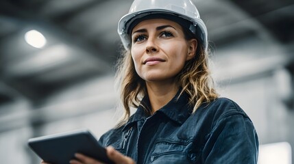 Woman engineer using tablet to monitor production in an industrial setting