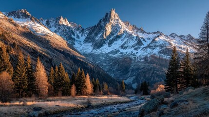 Majestic snowcapped mountain peak illuminated by the golden light of sunrise with pine trees in the foreground and a stream