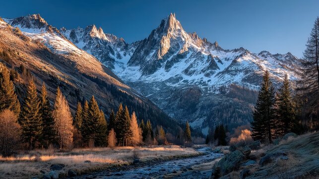 Majestic snowcapped mountain peak illuminated by the golden light of sunrise with pine trees in the foreground and a stream - Powered by Adobe