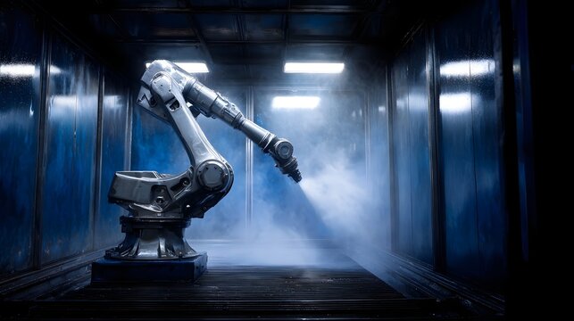 An industrial robot painting car parts in a sealed booth with precision  long title A highly detailed and image showing an industrial robot