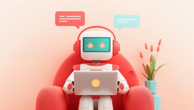 Cartoon robot at home using laptop and plant nearby