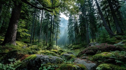 Fototapeta premium A dense, misty forest with tall trees and mosscovered rocks, creating a serene and atmospheric natural landscape