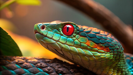 Fototapeta premium Vibrant viper with fiery red eyes and iridescent scales amidst lush greenery