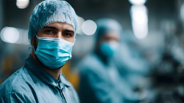 Masked factory worker in industrial setting