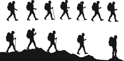Hiker walking silhouettes, flat ground and uneven terrain, backpack, outdoor adventure, trekking motion, nature journey, travel activity, exploration art, vector illustration