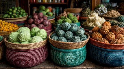 Fresh produce at market with shoppers and colorful woven baskets