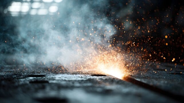 Bright sparks from a metal cutting hine in an industrial setting