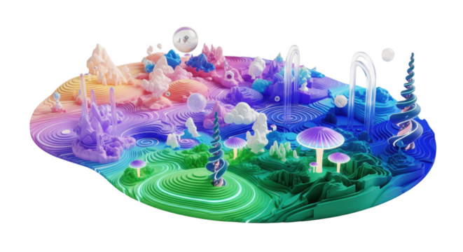 Imaginative sculpted terrain with pastel colors and fanciful elements in a fantastical land