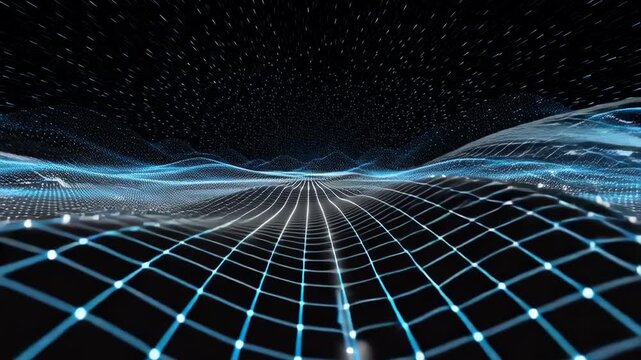 Virtual grid field bending in perspective with signal pulses and synthetic fiber patterns, ultra clean design