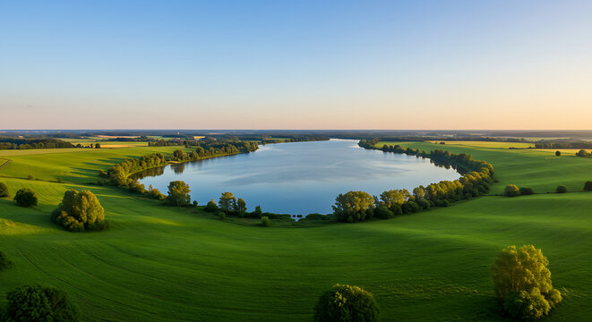 landscape with lake, Expansive countryside panorama with vibrant green rolling hills surrounding calm blue lake under clear sky. Vegetation, trees line water edge, creating serene, peaceful natural la