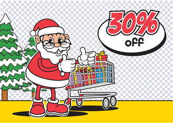 Cheerful Santa Claus promotes a thirty percent discount sale on a smartphone near Christmas tree. Holiday sales concept.