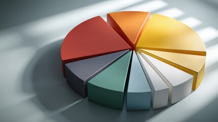 Colorful pie chart segments representing data and statistics, isolated on a light background with dramatic lighting