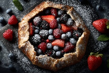 Delicious homemade berry galette sprinkled with powdered sugar on dark background