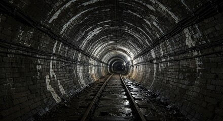 A view down a brick tunnel with train tracks leading toward a light at the end of the tunnel vision