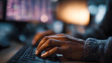 Close up of hands typing on keyboard with a fintech trading dashboard