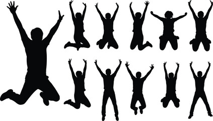 Jumping silhouettes group, people mid‑air celebration poses, dynamic movement illustration, joyful expression vector, fitness activity concept, sports motion frames, human body energy