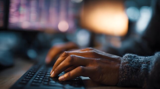Close up of hands typing on keyboard with a fintech trading dashboard