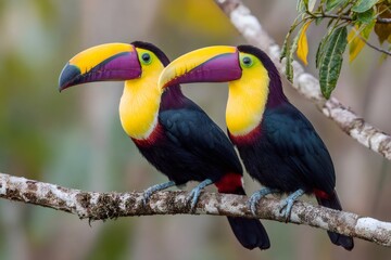 Naklejka premium Two keel billed toucans perching on branch in tropical forest
