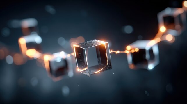 Digital blockchain technology, interconnected cubes forming a chain with glowing orange light, representing data security and network connection - Powered by Adobe