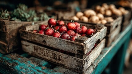 Fresh produce in crates on outdoor market street