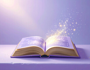 紫色の本から光が溢れ出す幻想的なシーン。魔法や物語の世界を象徴し、想像力や夢を感じさせる幻想的なイメージ。