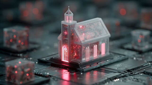 Glow Church on Microchip Artificial Intelligence Concept with Red Lights