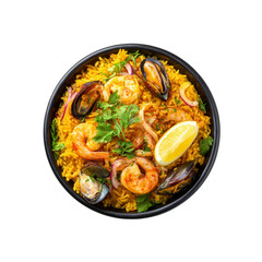 Fototapeta premium Delicious Seafood Paella in Black Bowl - Overhead Shot